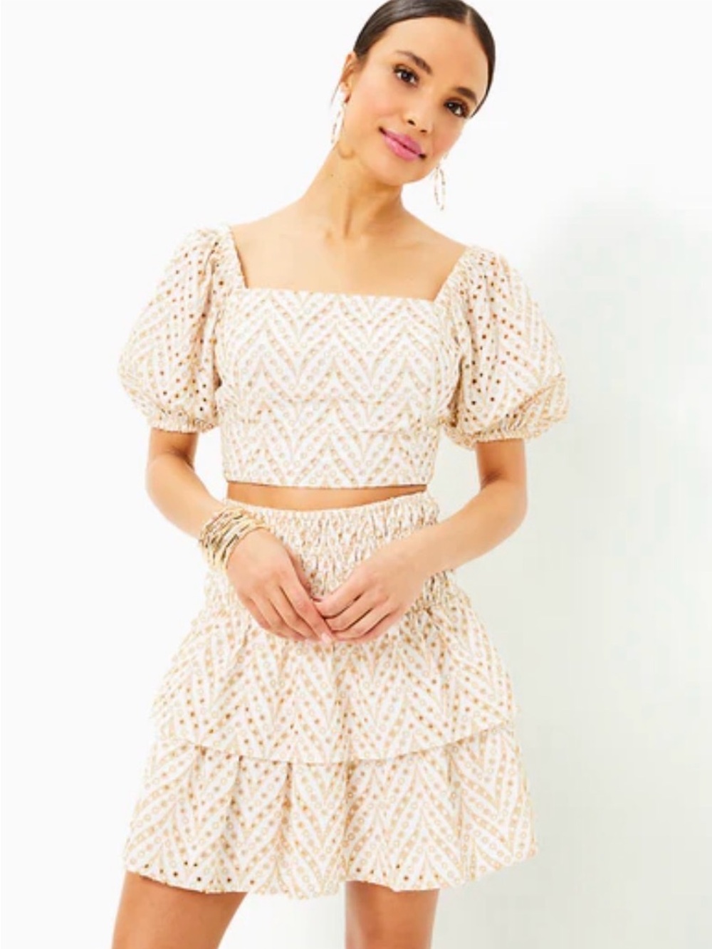 Lilly Pulitzer Cream and Gold Embroidered Eyelet Skirt